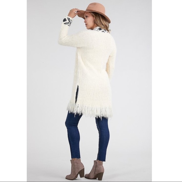 Tribal Aztec Print Black and White Open Front Fringe Cardigan - Picture 3 of 7